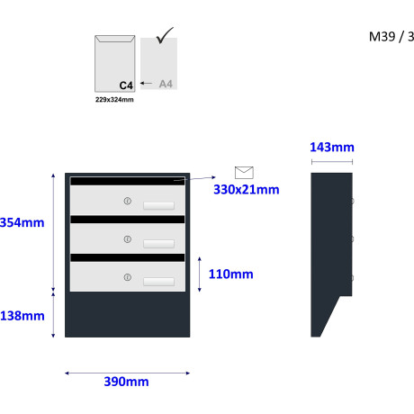 M39/3 N modulová schránka úkosová RAL7016 + nerez