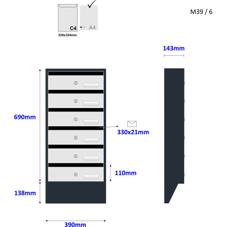 M39/3 N modulová schránka úkosová RAL7016 + nerez